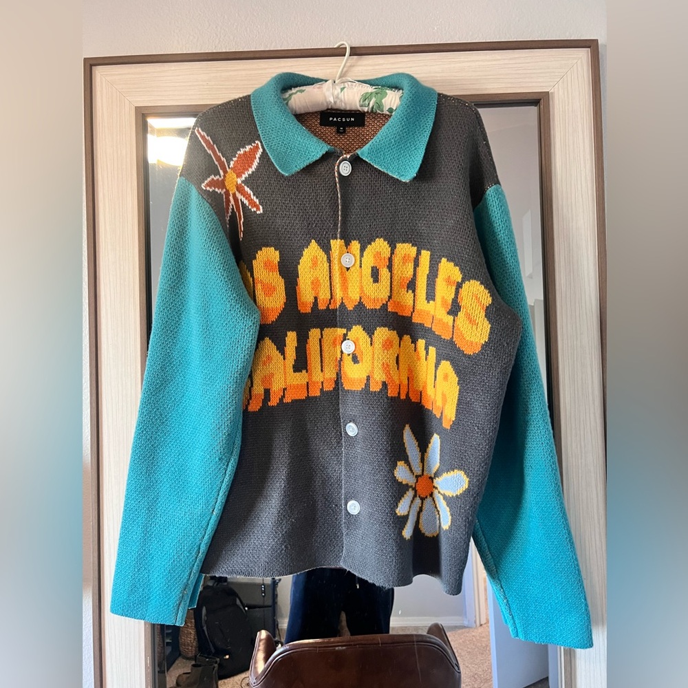 PacSun Los Angeles California Floral Knit Cardigan - Teal & Gray
